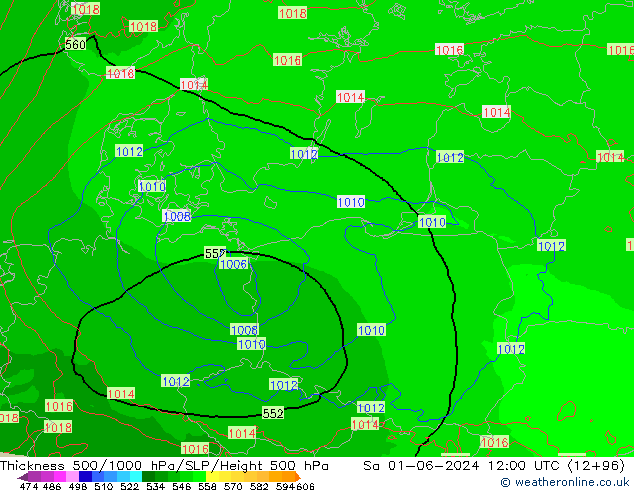 Espesor 500-1000 hPa Arpege-eu sáb 01.06.2024 12 UTC