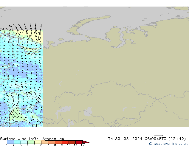 Surface wind (bft) Arpege-eu Th 30.05.2024 06 UTC