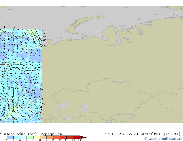 Surface wind (bft) Arpege-eu So 01.06.2024 00 UTC