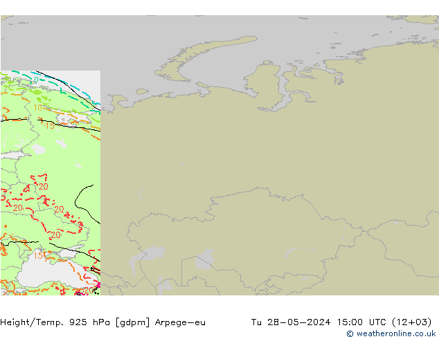 Height/Temp. 925 hPa Arpege-eu Út 28.05.2024 15 UTC