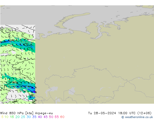 Wind 850 hPa Arpege-eu Tu 28.05.2024 18 UTC