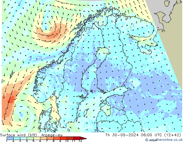 Vento 10 m (bft) Arpege-eu gio 30.05.2024 06 UTC