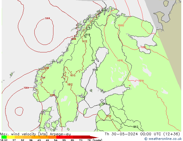 Max. wind velocity Arpege-eu Th 30.05.2024 00 UTC
