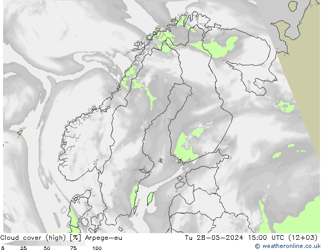 Cloud cover (high) Arpege-eu Tu 28.05.2024 15 UTC