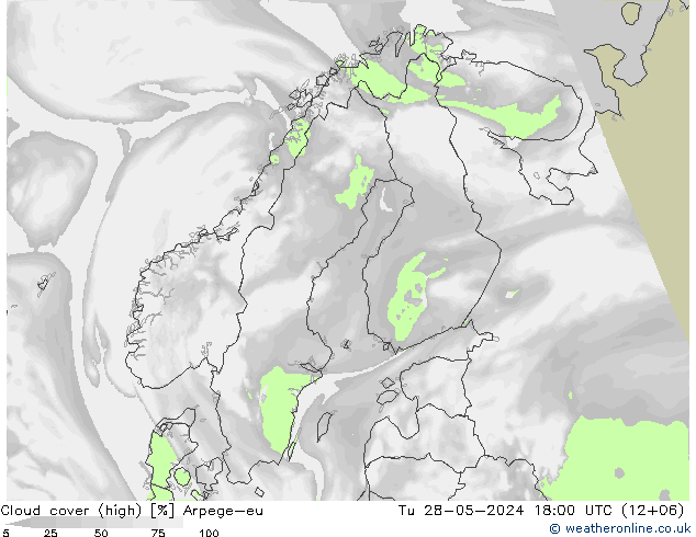 Cloud cover (high) Arpege-eu Tu 28.05.2024 18 UTC