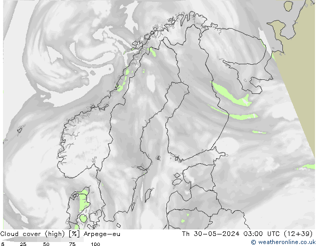 Cloud cover (high) Arpege-eu Th 30.05.2024 03 UTC