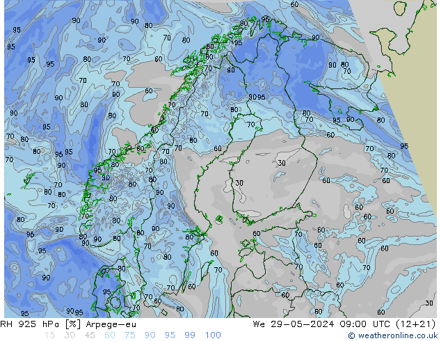 RH 925 hPa Arpege-eu 星期三 29.05.2024 09 UTC