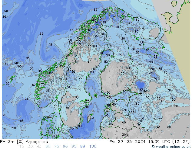 RH 2m Arpege-eu Mi 29.05.2024 15 UTC