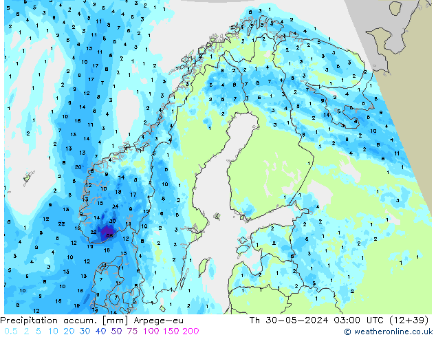 Precipitation accum. Arpege-eu Th 30.05.2024 03 UTC