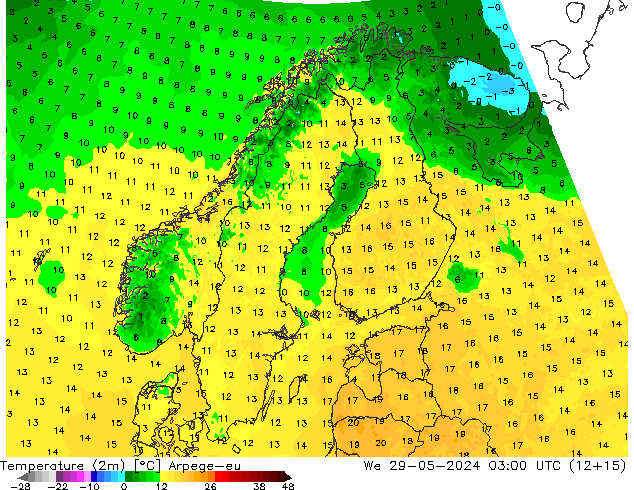 Sıcaklık Haritası (2m) Arpege-eu Çar 29.05.2024 03 UTC