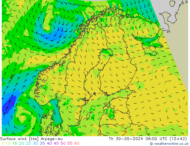 Vento 10 m Arpege-eu Qui 30.05.2024 06 UTC