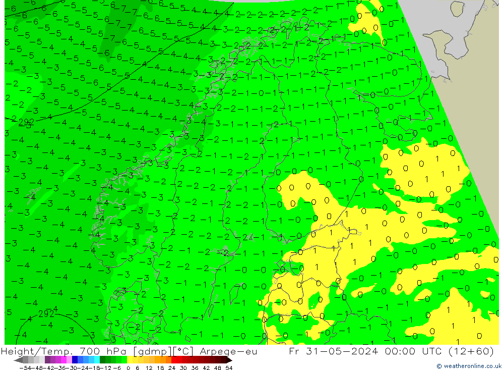 Yükseklik/Sıc. 700 hPa Arpege-eu Cu 31.05.2024 00 UTC