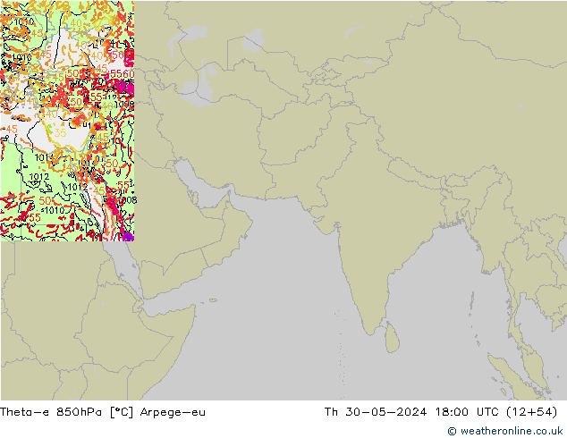 Theta-e 850hPa Arpege-eu jue 30.05.2024 18 UTC