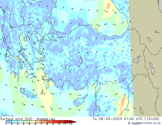 Surface wind (bft) Arpege-eu Tu 28.05.2024 21 UTC