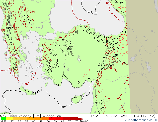 Max. wind velocity Arpege-eu Qui 30.05.2024 06 UTC