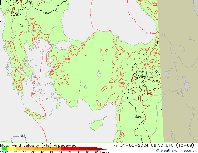 Max. wind velocity Arpege-eu Sex 31.05.2024 09 UTC