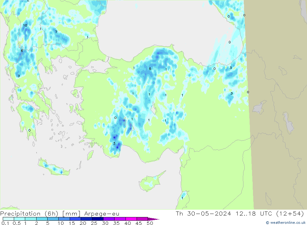 Precipitation (6h) Arpege-eu Th 30.05.2024 18 UTC