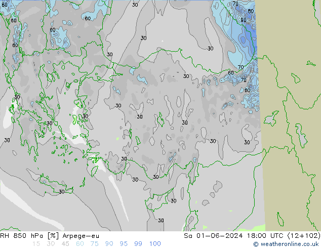RH 850 гПа Arpege-eu сб 01.06.2024 18 UTC