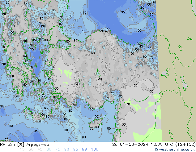 RH 2m Arpege-eu Sa 01.06.2024 18 UTC