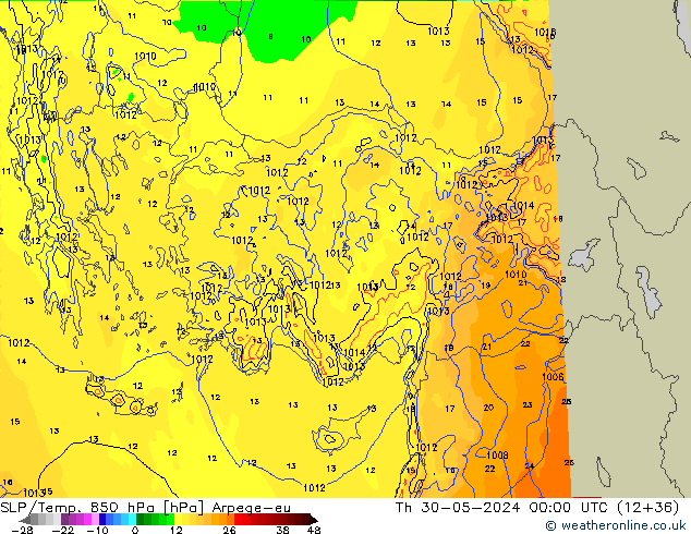 SLP/Temp. 850 hPa Arpege-eu jeu 30.05.2024 00 UTC