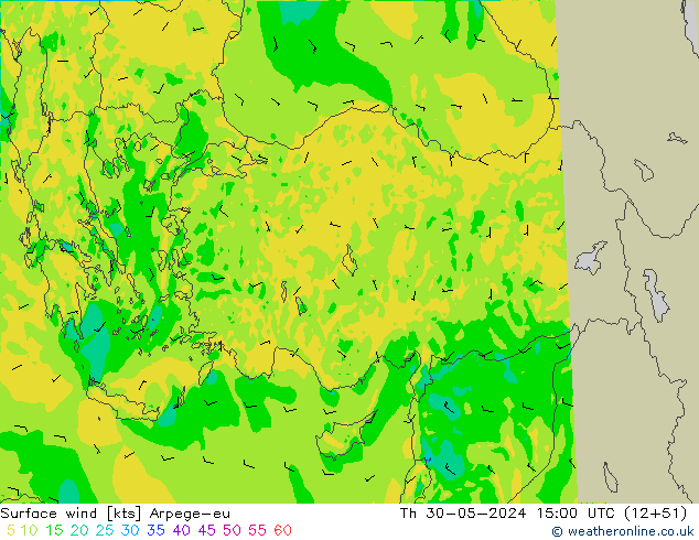 Vento 10 m Arpege-eu Qui 30.05.2024 15 UTC