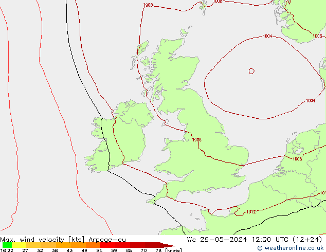 Max. wind velocity Arpege-eu mié 29.05.2024 12 UTC