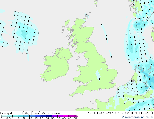 Totale neerslag (6h) Arpege-eu za 01.06.2024 12 UTC