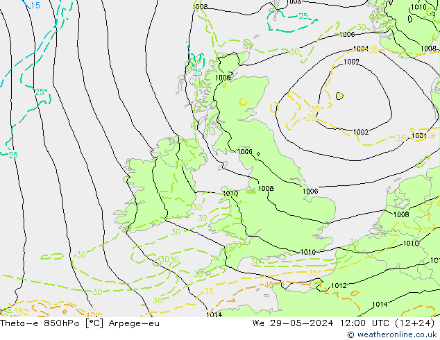 Theta-e 850hPa Arpege-eu We 29.05.2024 12 UTC