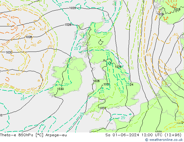 Theta-e 850hPa Arpege-eu sáb 01.06.2024 12 UTC