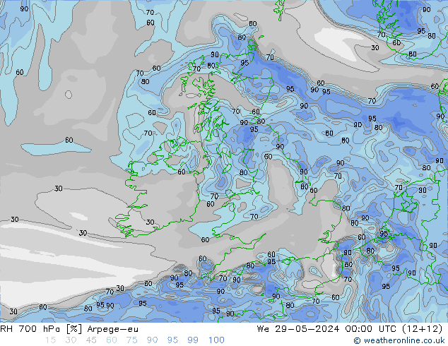 RH 700 гПа Arpege-eu ср 29.05.2024 00 UTC