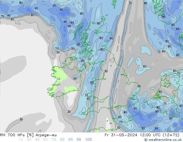 RH 700 hPa Arpege-eu Fr 31.05.2024 12 UTC