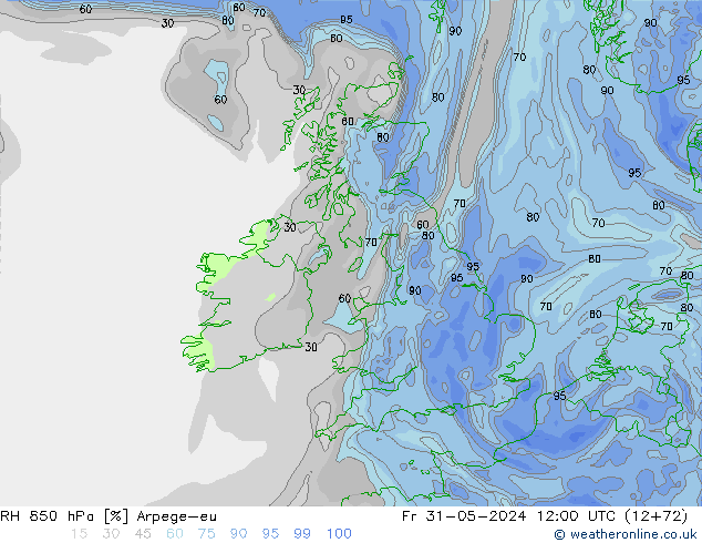 RH 850 hPa Arpege-eu Sex 31.05.2024 12 UTC