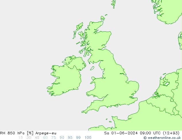 RH 850 hPa Arpege-eu So 01.06.2024 09 UTC