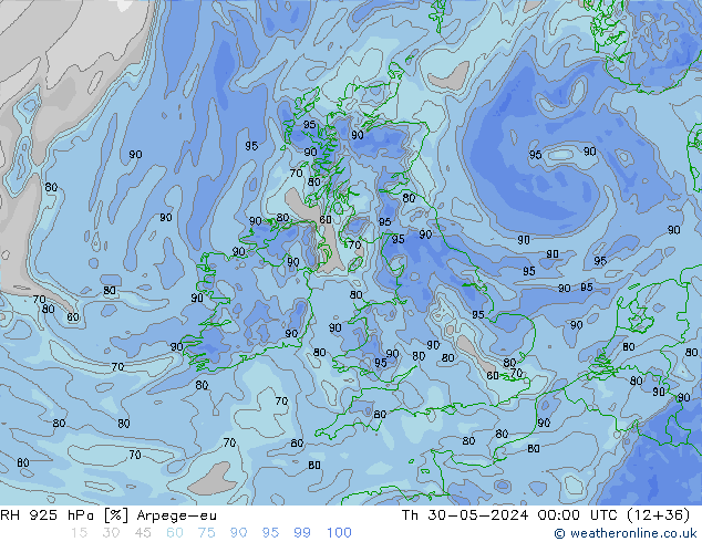 Humidité rel. 925 hPa Arpege-eu jeu 30.05.2024 00 UTC