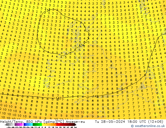 Hoogte/Temp. 850 hPa Arpege-eu di 28.05.2024 18 UTC