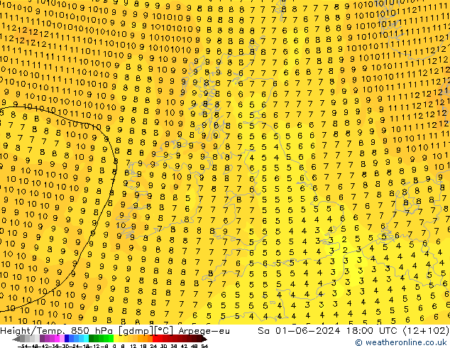 Géop./Temp. 850 hPa Arpege-eu sam 01.06.2024 18 UTC