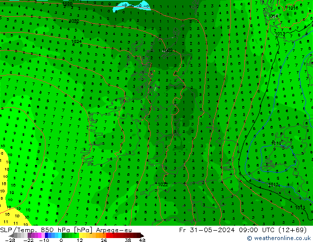 SLP/Temp. 850 hPa Arpege-eu Pá 31.05.2024 09 UTC