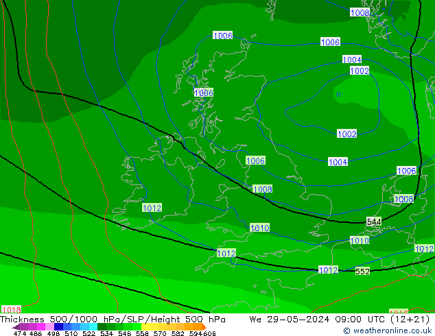 Thck 500-1000гПа Arpege-eu ср 29.05.2024 09 UTC
