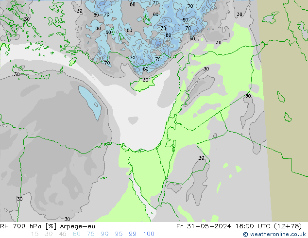 Humidité rel. 700 hPa Arpege-eu ven 31.05.2024 18 UTC
