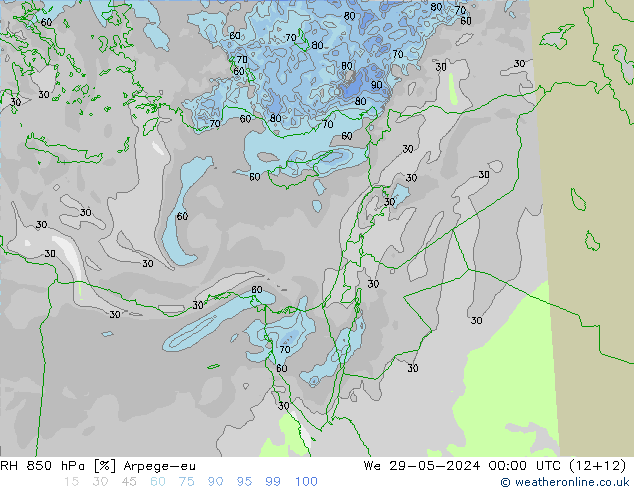 RH 850 гПа Arpege-eu ср 29.05.2024 00 UTC