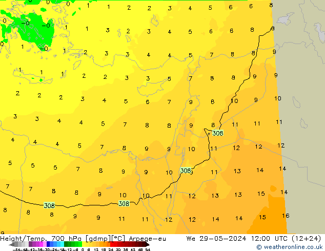 Geop./Temp. 700 hPa Arpege-eu mié 29.05.2024 12 UTC