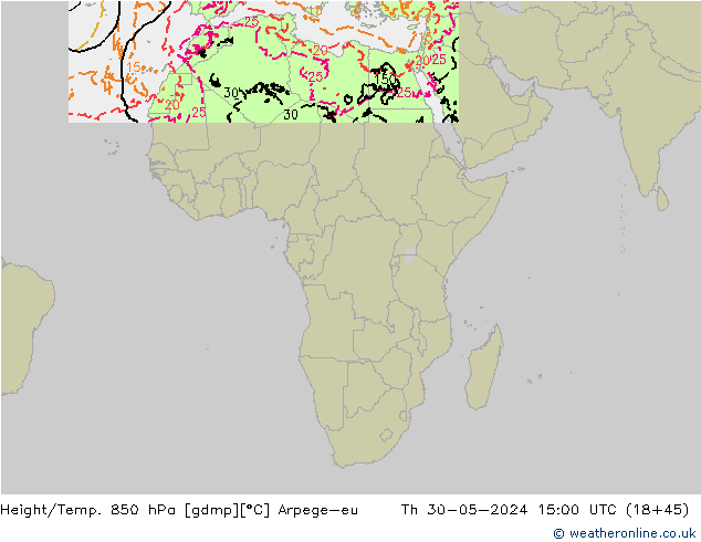 Geop./Temp. 850 hPa Arpege-eu jue 30.05.2024 15 UTC