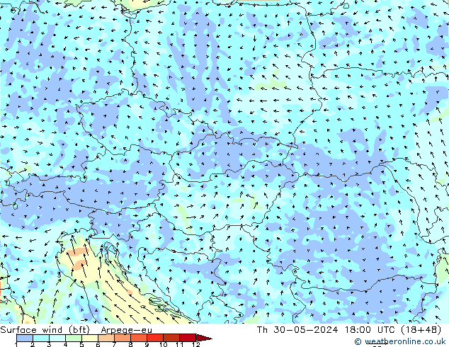 Surface wind (bft) Arpege-eu Th 30.05.2024 18 UTC