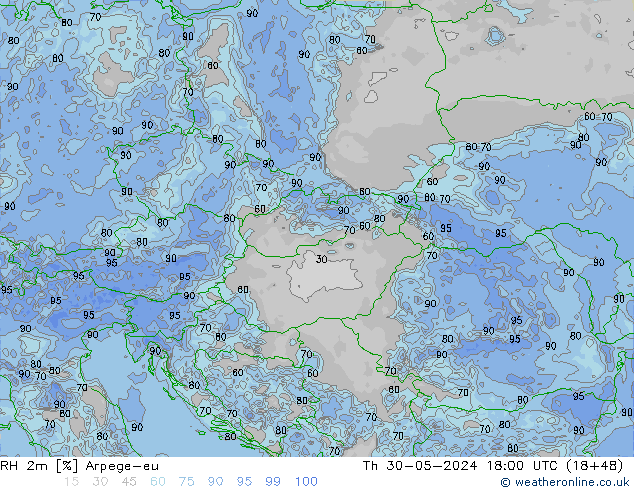 Humidité rel. 2m Arpege-eu jeu 30.05.2024 18 UTC