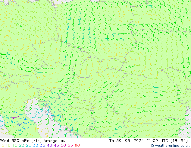Wind 850 hPa Arpege-eu Th 30.05.2024 21 UTC