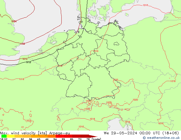 Max. wind velocity Arpege-eu  29.05.2024 00 UTC