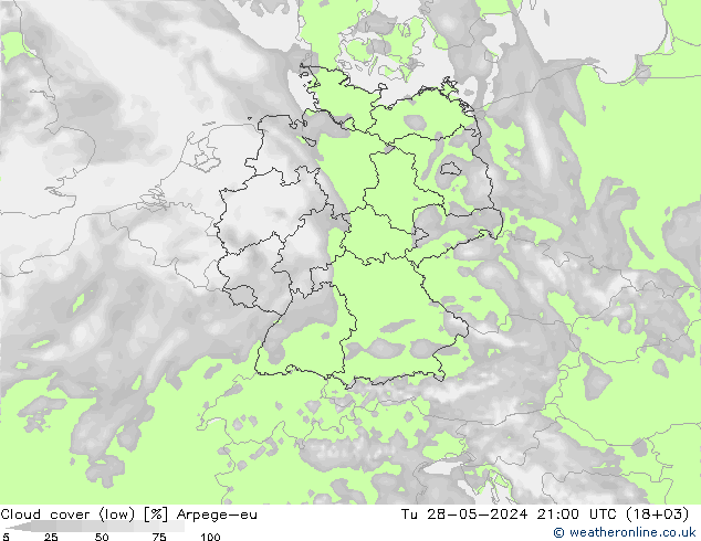 Cloud cover (low) Arpege-eu Tu 28.05.2024 21 UTC