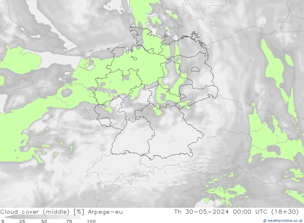 Cloud cover (middle) Arpege-eu Th 30.05.2024 00 UTC