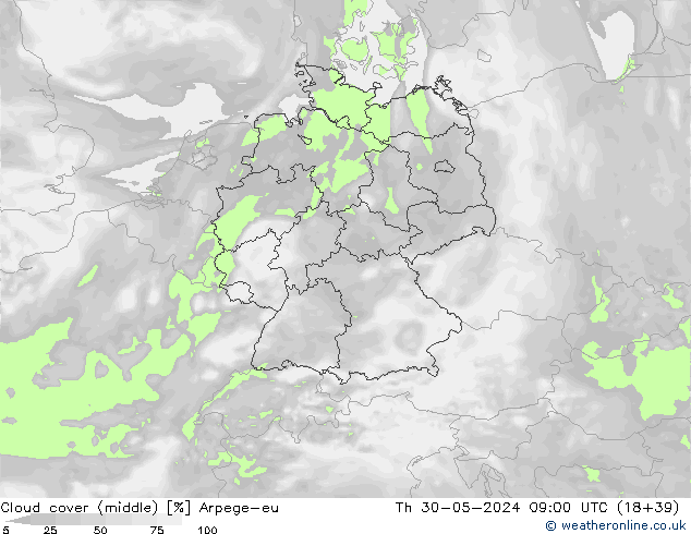 Cloud cover (middle) Arpege-eu Th 30.05.2024 09 UTC