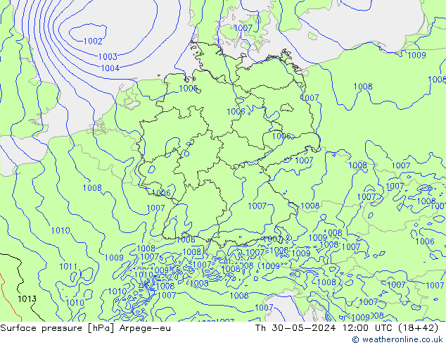 Pressione al suolo Arpege-eu gio 30.05.2024 12 UTC